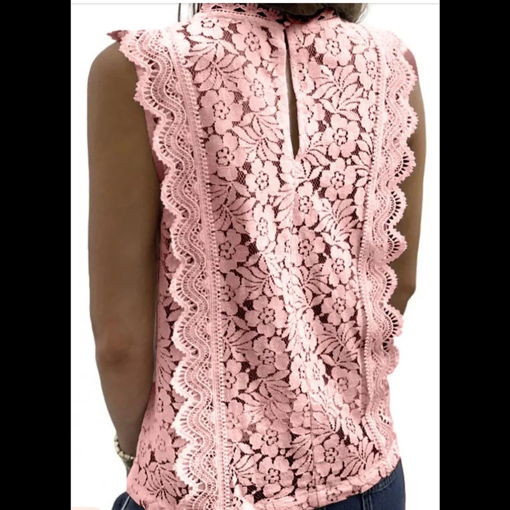 (Last 2) Boho summer women sleeveless v-neck tank in pink lace - Picture 2 of 3